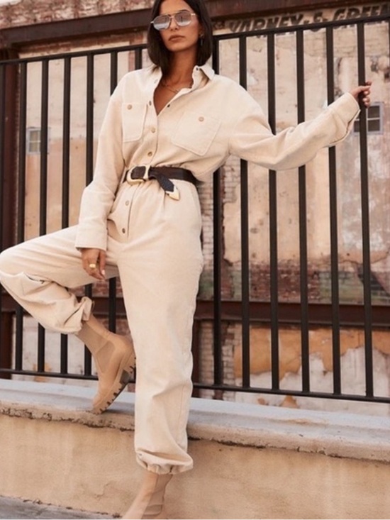 12th Tribe Pants - 12th TRIBE Bowie Beige Corduroy Jumpsuit